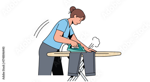 Woman ironing clothing on an ironing board, showcasing household chores and garment care practices at home routine activity concept