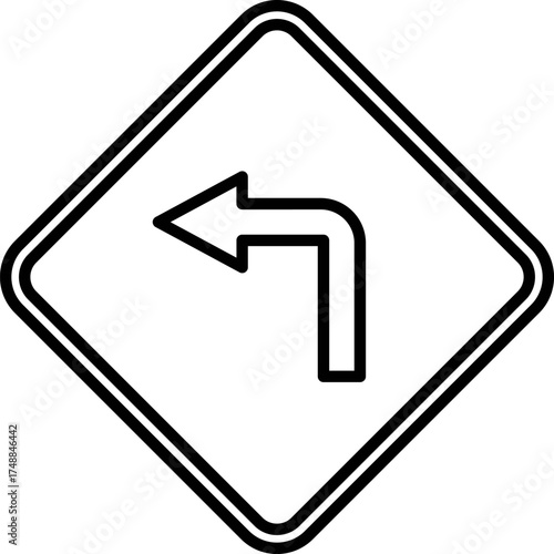 Turn Left traffic sign icon. left arrow  road sign. Left turn outline. Black outline icon of a simple left-turn arrow with a curved design, commonly used for indicating direction or navigation. 