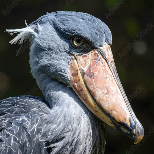 Close-up view of a magnificent bird's head, showcasing its striking plumage and distinctive beak.