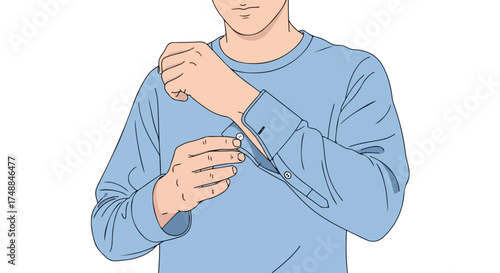 Man fastens the button on his light blue long-sleeved shirt, preparing for professional setting or social event for an elegant and stylish image