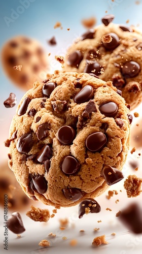 Stack of fresh cookies breaking apart and floating with crumbs in the air