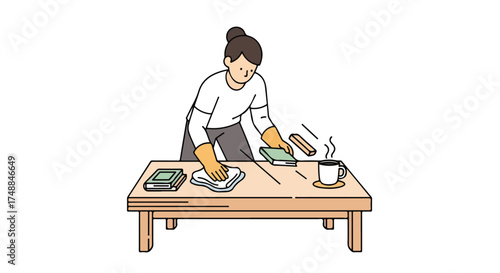 Woman carefully cleaning a wooden table with books and a steaming cup, portraying tidiness and a domestic scene in a clean, minimal style