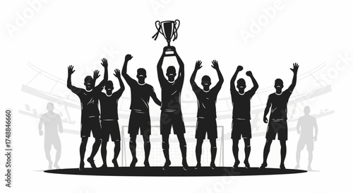 Silhouette of Soccer Team Celebrating Victory with Trophy