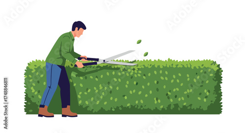 Illustration of a man pruning a vibrant green hedge with large shears, maintaining an outdoor garden space and lawn