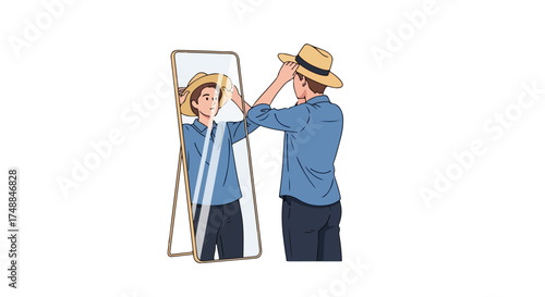 Reflection of Style: A man adjusting his hat in the mirror contemplating his appearance with calm confidence and gentle self-assurance before