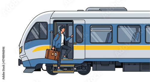 Illustrated passenger boarding a modern train, showcasing sustainable and convenient travel illustration for modern train travel