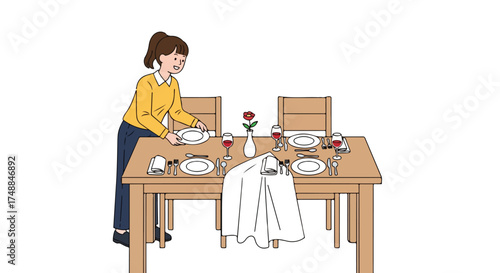Woman carefully setting the dining table for a special occasion a romantic dinner scene depicted in minimalist illustration style