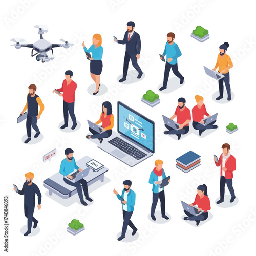 Wallpaper Mural Isometric People Using Technology for Work and Communication. Torontodigital.ca