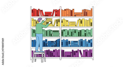 Organizing the rainbow collection: A librarian arranges books by color on tall shelves creating a vibrant visual display