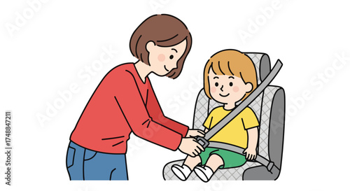 Responsible parent securing toddler in car seat, emphasizing safety and care during transportation drawing portrays mother ensuring child's well-being