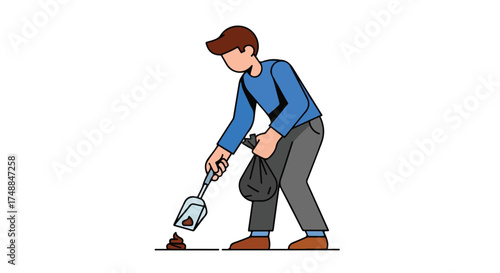 Responsible pet owner cleaning up dog waste with a scoop and bag outdoors during a stroll making sure cleanliness is guaranteed