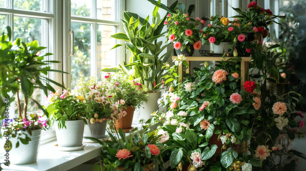 Obraz premium Vibrant Indoor Plant Collection on Sunny Windowsill | Lush Home Jungle, Blooming Flowers in White Pots, Urban Gardening