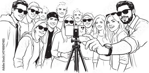 Black and White Sketch of a Diverse Group Taking a Selfie