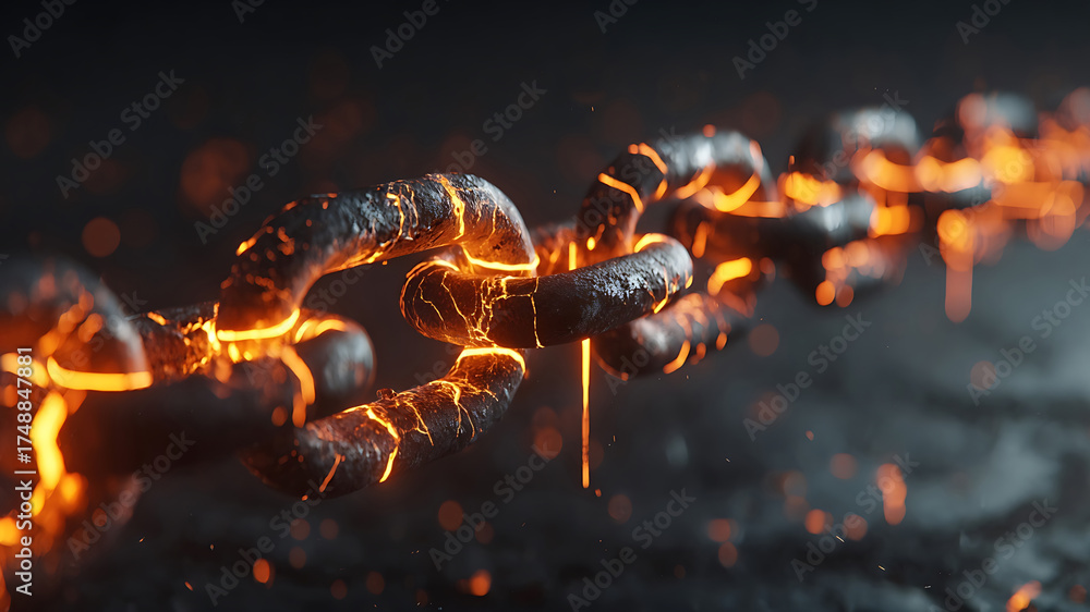Fototapeta premium Molten metal chain links glowing with intense orange heat and sparks