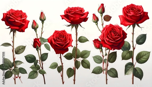 A detailed illustration of vibrant red roses with delicate buds and foliage against a stark white background.