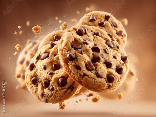 Crispy chocolate cookies floating in midair surrounded by melting chocolate chips and crumbs