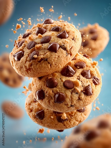 Crispy chocolate cookies floating in midair surrounded by melting chocolate chips and crumbs