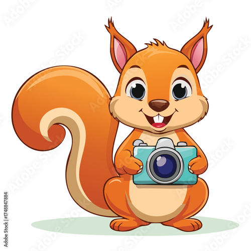 Cheerful squirrel with a retro camera