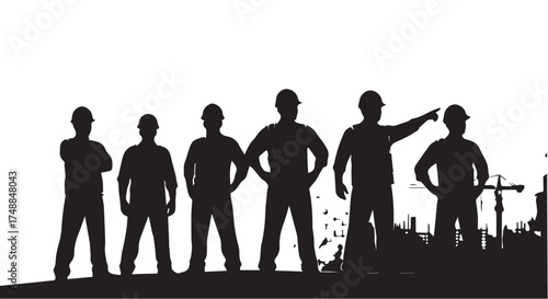Silhouette of Construction Workers on White Background with Industrial Landscape