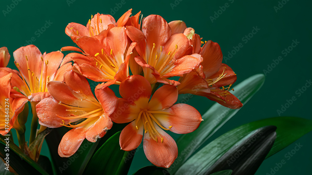Fototapeta premium Vibrant Orange Clivia Blooms with Crystalline Petals on a Deep Teal Background