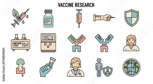 Vaccine Research Icons: Medical Science and Healthcare Illustration.