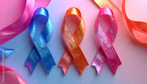 Vibrant blue orange and pink awareness ribbons for health campaigns.