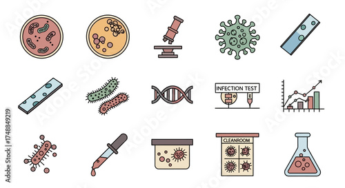 Microbiology and Virology Icons: Scientific Research and Analysis.
