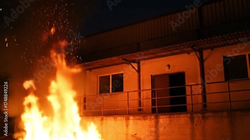 Fire engulfs industrial building at night, illuminating the structure with intense flames and smoke, highlighting a potential hazard or emergency situation