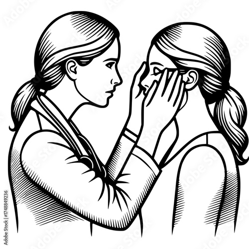 Female doctor examining female patient's eyes. Visiting eye doctors, black and white vector icon with transparent background 
