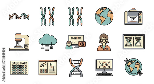 Genetics and Biotechnology Icons: Chromosomes DNA and Scientific Research.