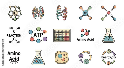 Scientific Icons: Molecular Structures Reactions and Cellular Processes.