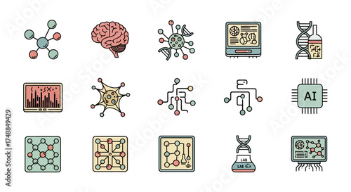 Artificial Intelligence and Machine Learning Icons Set.