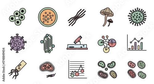 Diverse Microorganism Icons: Bacteria Viruses Fungi and More.