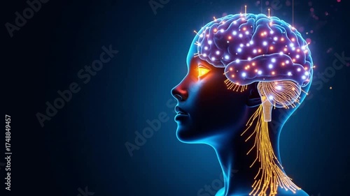 Translucent human head with glowing intricate neon-colorful brain