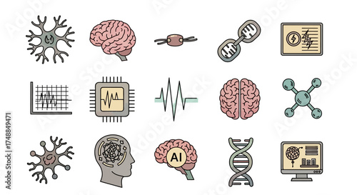 Artificial Intelligence and Neuroscience Icons: A Comprehensive Collection.