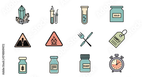 Science and Laboratory Icons: Crystals Test Tubes and Warning Signs.