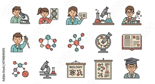 Science Education Icons: Biology Chemistry and Scientific Research.