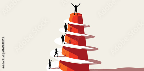 Illustration of people climbing a spiraling tower to reach the top, symbolizing success and achievement
