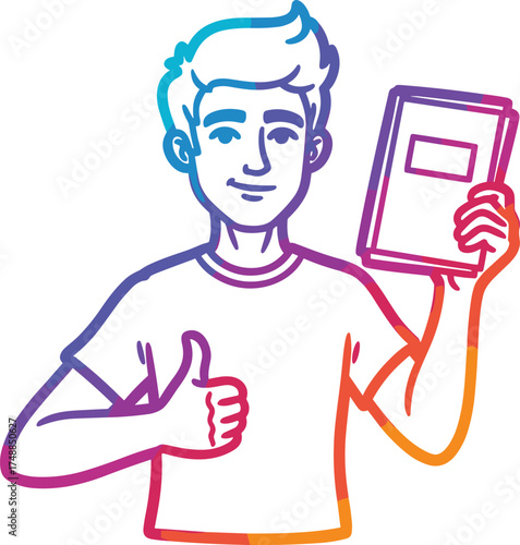 Illustrative depiction of a young man holding a book and giving a thumbs-up gesture, symbolizing achievement and knowledge acquisition