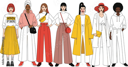 Group of diverse and empowered women in modern street style fashion. Vector illustration of female friendship and unity