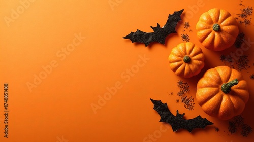 Halloween Banner with Pumpkins & Bats on Orange Background (Copy Space) – High-Res Winning Design for Web Advertising, Halloween Party Events, Stock Contests
