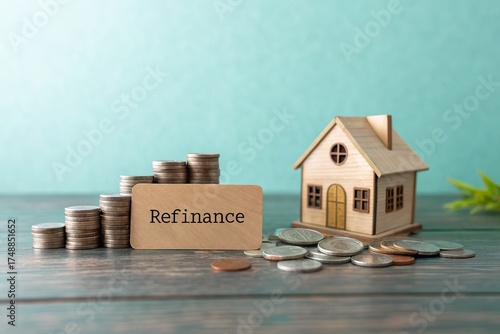 Wooden house model with coins and a refinance sign on a wooden table against a teal background
