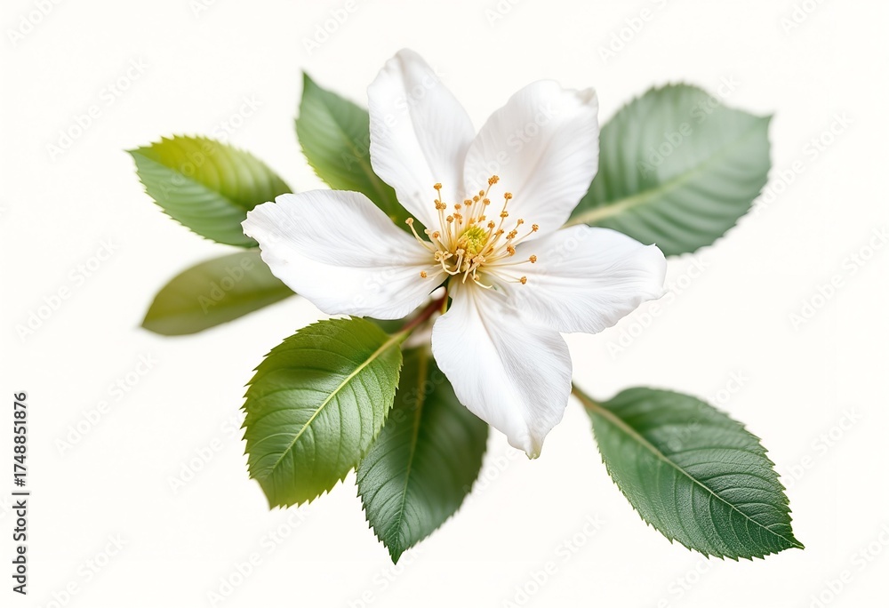 Obraz premium Single White Apple Blossom with Green Leaves Isolated.