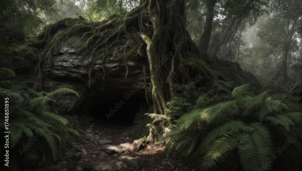 Obraz premium Dark forest entrance, mossy rock, ferns, and large tree roots create an enchanting, mystical scene