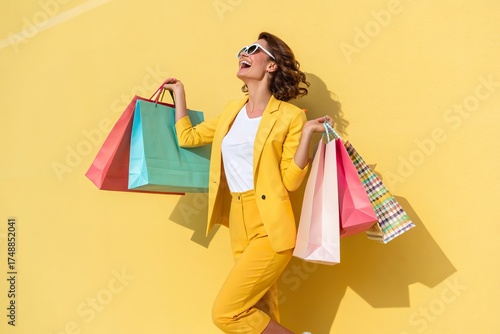 Joyful woman in a yellow suit holding colorful shopping bags against a vibrant yellow wall