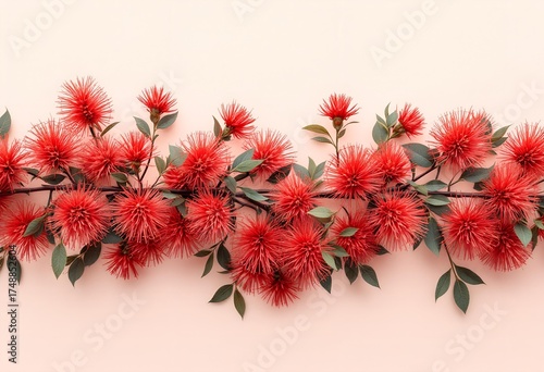 Vibrant Red Pohutukawa Flowers Border on a Pale Background.