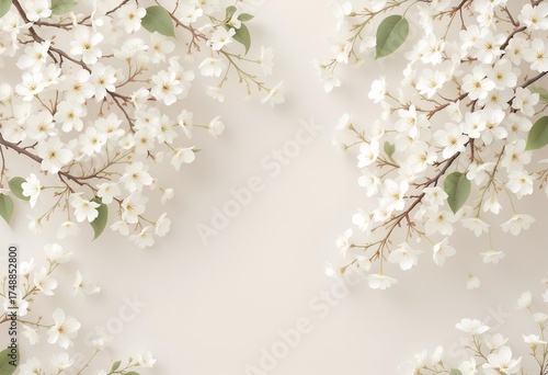 White Spring Cherry Blossoms Frame Background.