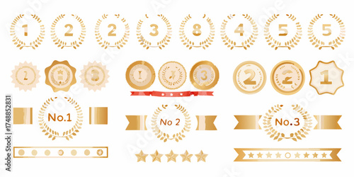 Collection of golden award medals ribbons laurel wreaths and star ratings for ranking and achievement