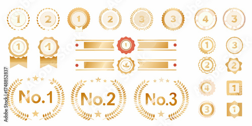 Collection of golden award medals and ribbons for first second third and fourth place winners