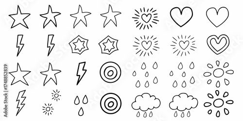 Collection of hand drawn doodle icons including stars hearts lightning bolts raindrops sun and clouds